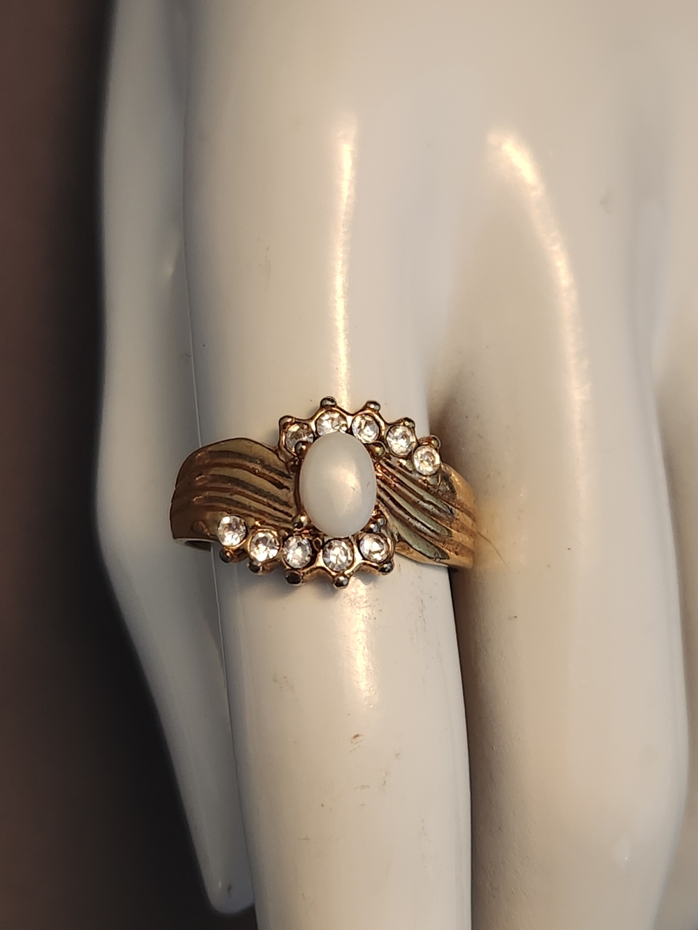 Gold Plate Over Sterling Ring with White Oval Cabochon and Crystal Halo